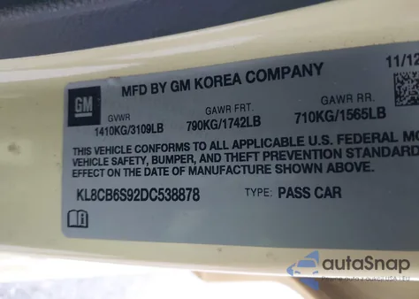 2013 Chevrolet Spark Ls Auto z USA, uszkodzony, nr VIN KL8CB6S92DC538878